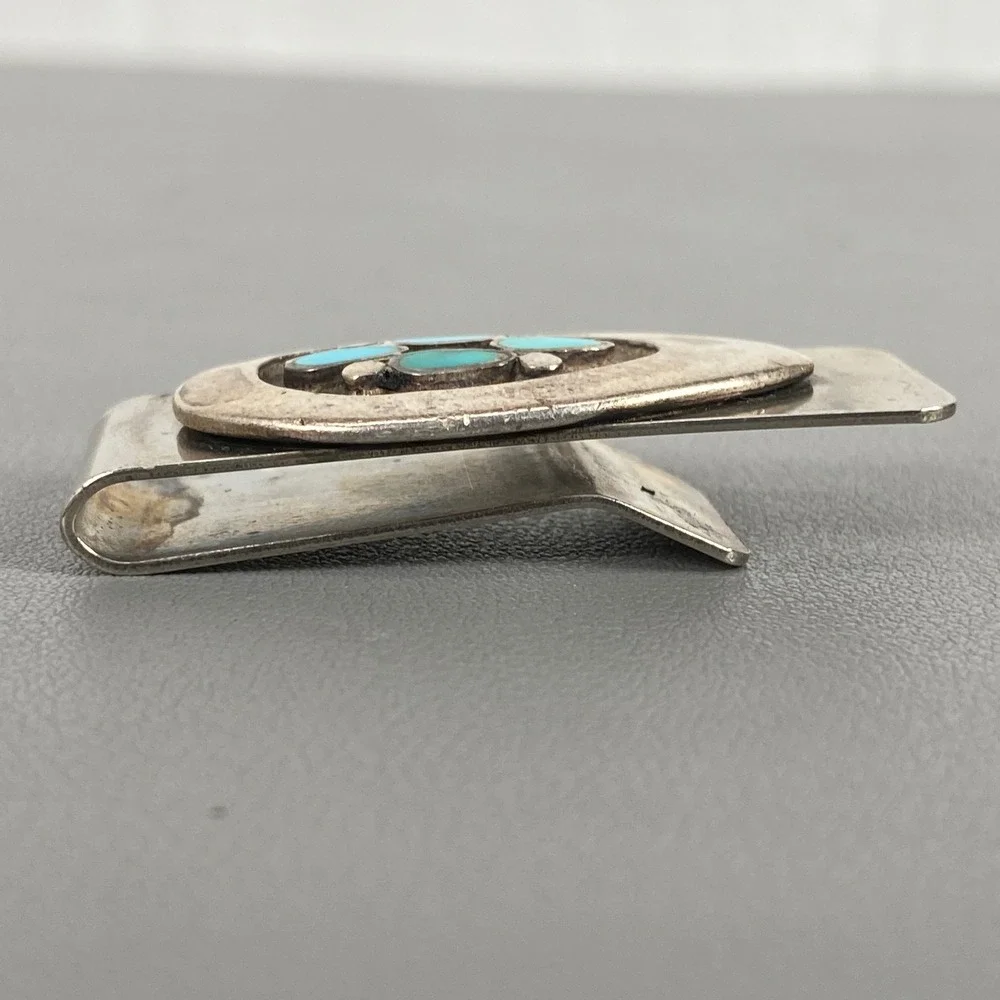 Vintage Southwestern Native Style Sterling Silver Turquoise Inlay Money Clip